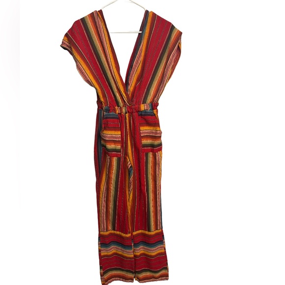 Lucky & Blessed Mexican Serape Red Striped V-neck and Back Womens Romper Sz M - Picture 1 of 7